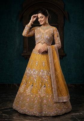 Yellow Sequin Work Net Lehenga Set