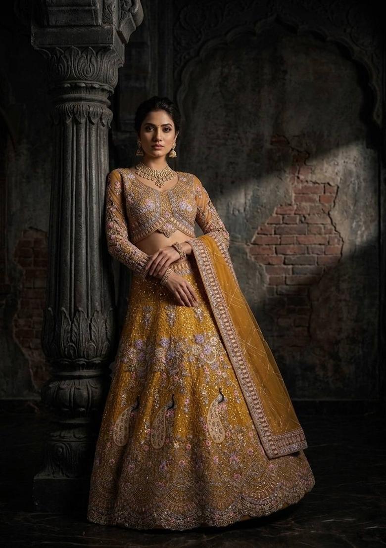 Yellow Sequin Work Net Lehenga Set - Indya