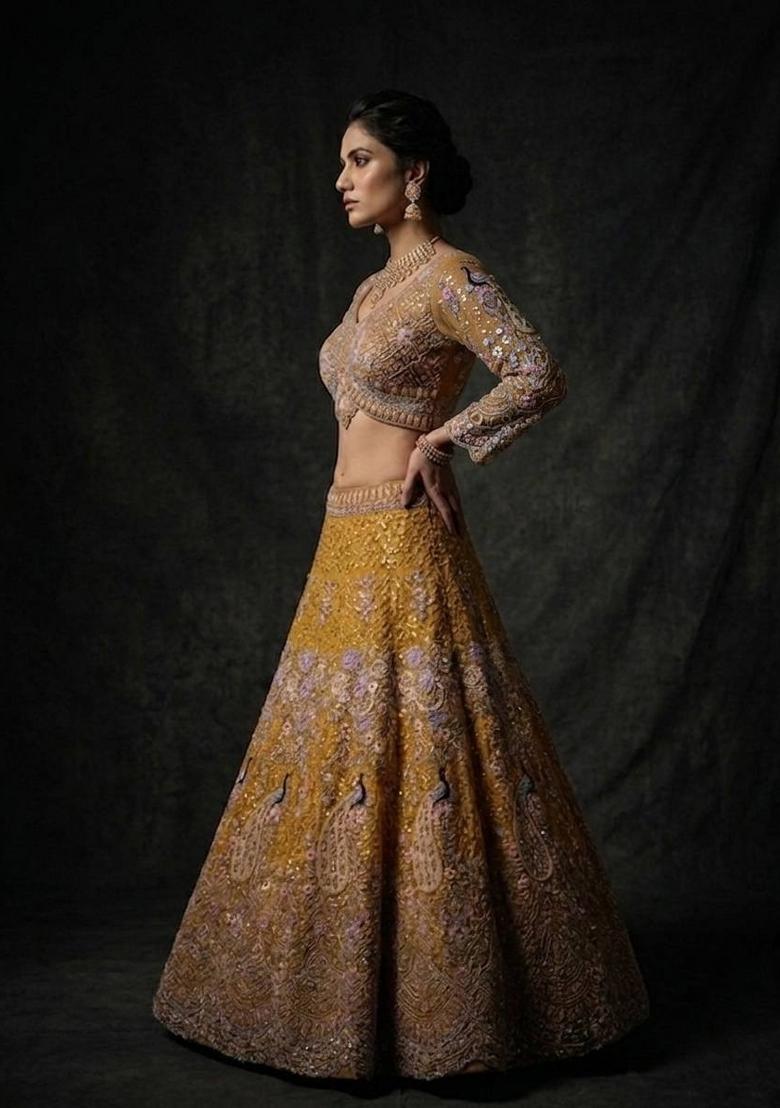 Yellow Sequin Work Net Lehenga Set - Indya
