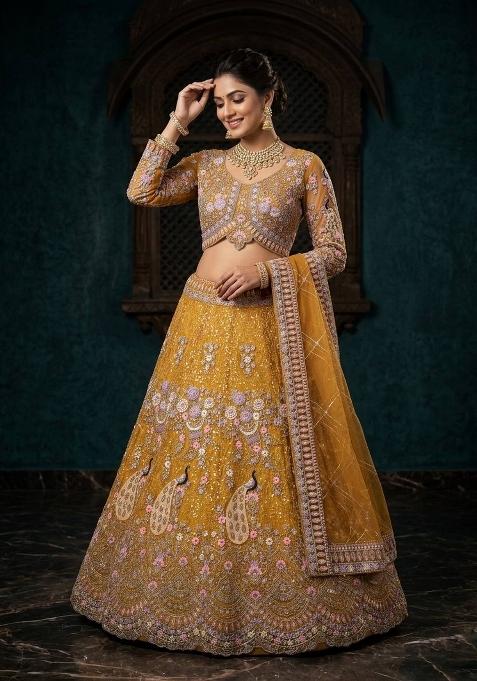 Yellow Sequin Work Net Lehenga Set