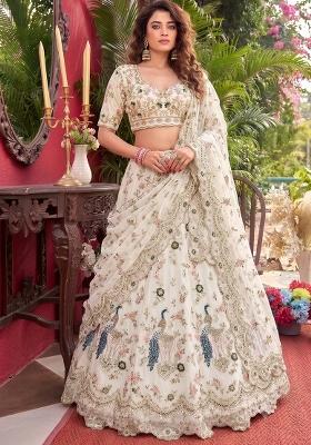 Off White Embroidered Georgette Lehenga Set