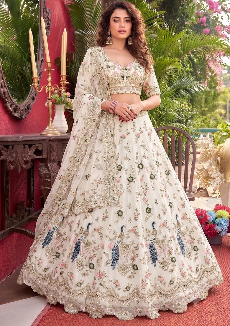 Off White Embroidered Georgette Lehenga Set - Indya