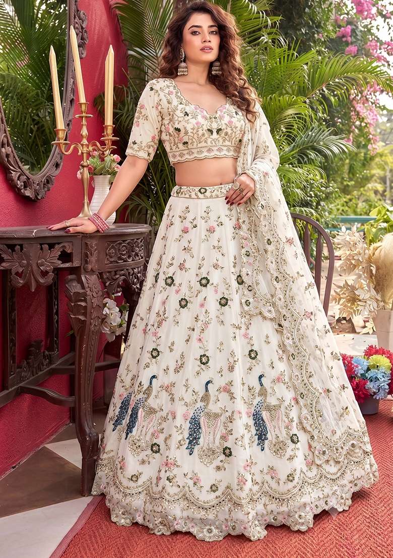 Off White Georgette Lehenga Set with Embroidered for Diwali | Wedding & Festive Wear - Indya