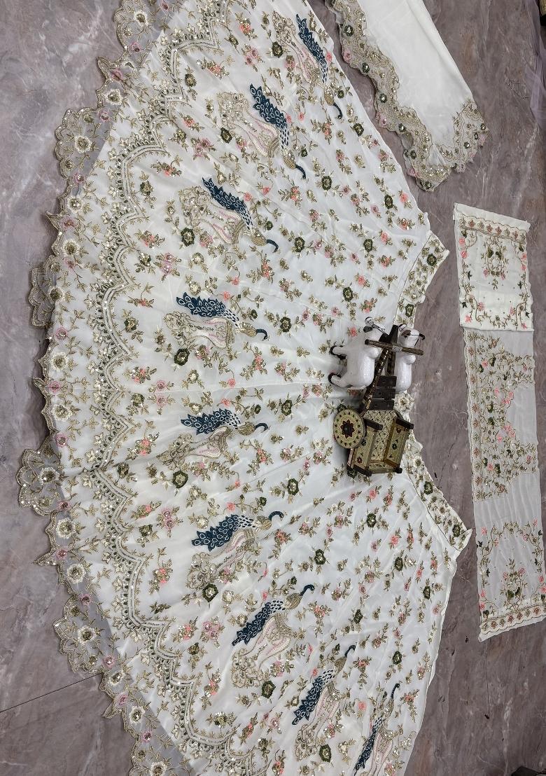Off White Embroidered Georgette Lehenga Set - Indya