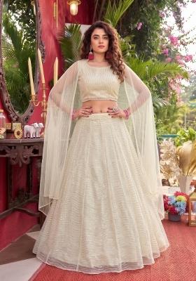 Cream Sequin Work Silk Lehenga Set