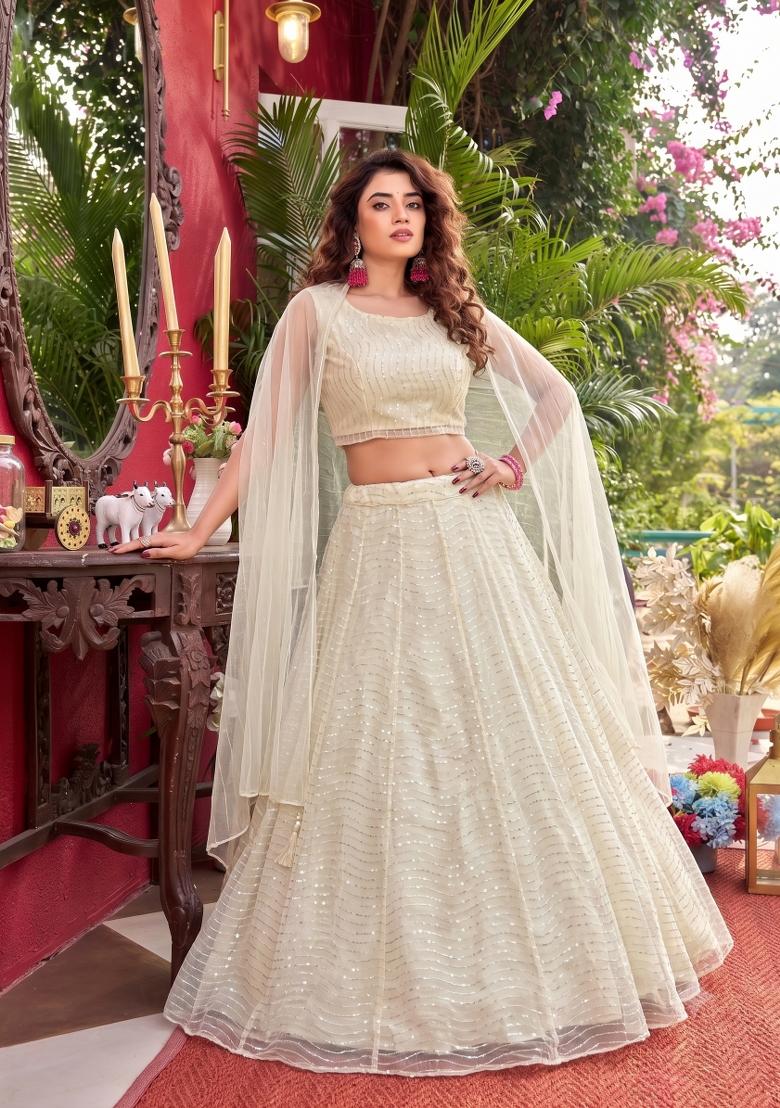 Cream Sequin Work Silk Lehenga Set - Indya