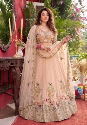 Peach Embroidered Georgette Lehenga Set