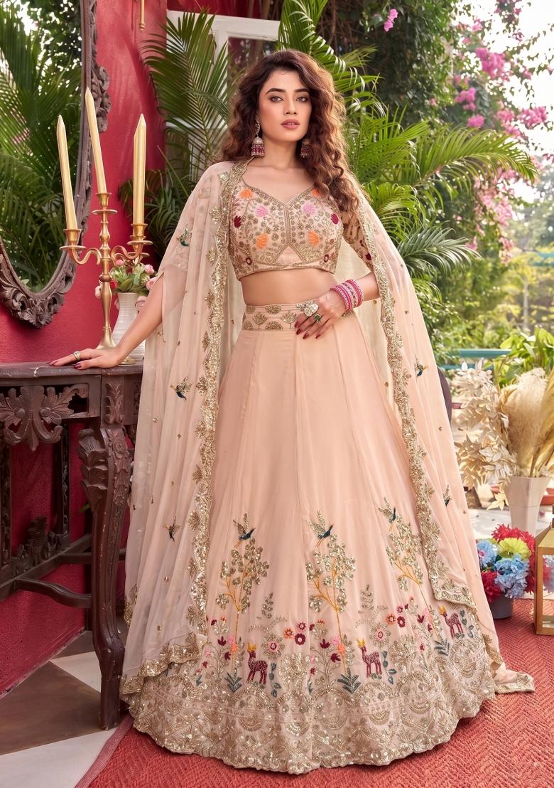 Peach Embroidered Georgette Lehenga Set - Indya