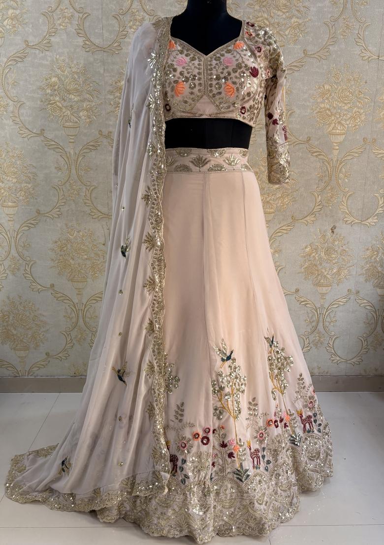 Peach Embroidered Georgette Lehenga Set - Indya