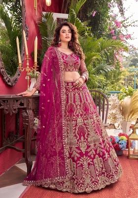 Pink Embroidered Net Lehenga Set