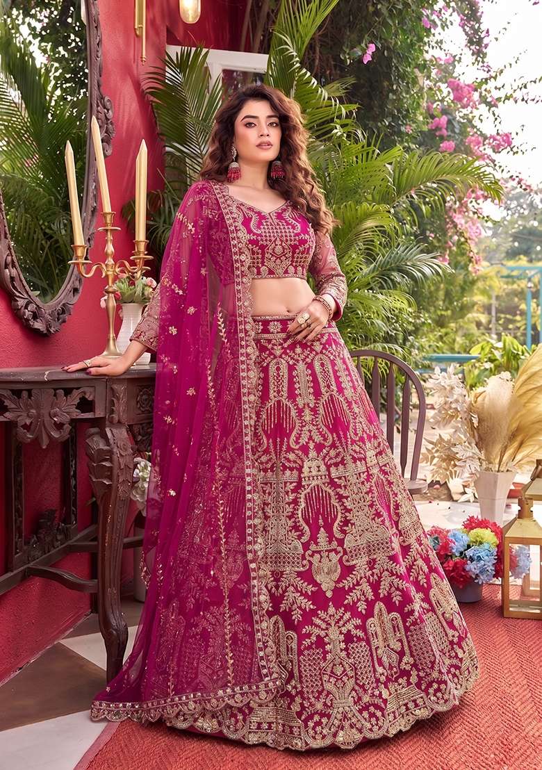 Pink Net Lehenga Set with Embroidered for Diwali | Wedding & Festive Wear - Indya