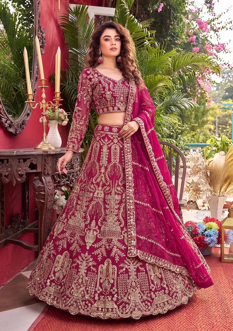 Pink Embroidered Net Lehenga Set - Indya