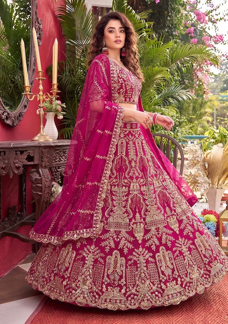 Pink Net Lehenga Set with Embroidered for Diwali | Wedding & Festive Wear - Indya