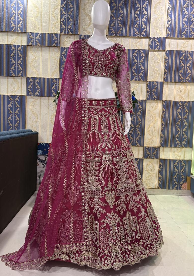 Pink Embroidered Net Lehenga Set - Indya