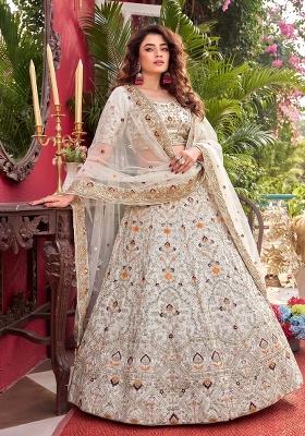 Off White Embroidered Silk Lehenga Set