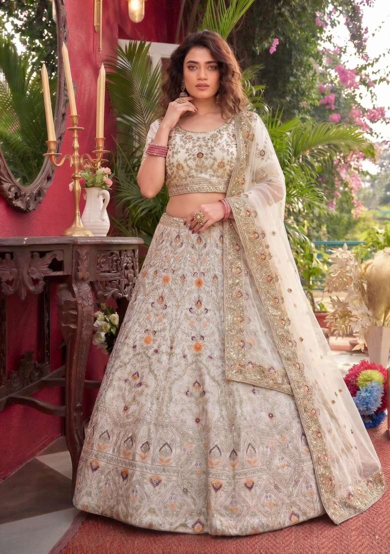 Off White Embroidered Silk Lehenga Set for Diwali and Festive Wear - Indya