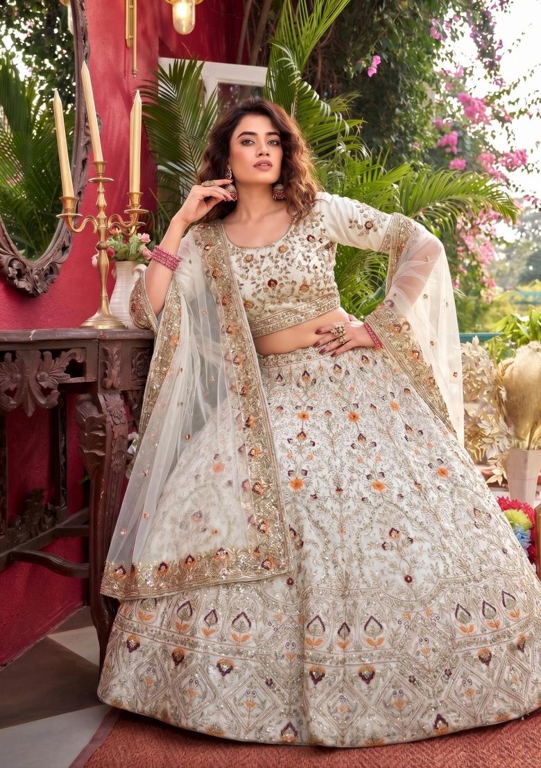 Off White Embroidered Silk Lehenga Set - Indya