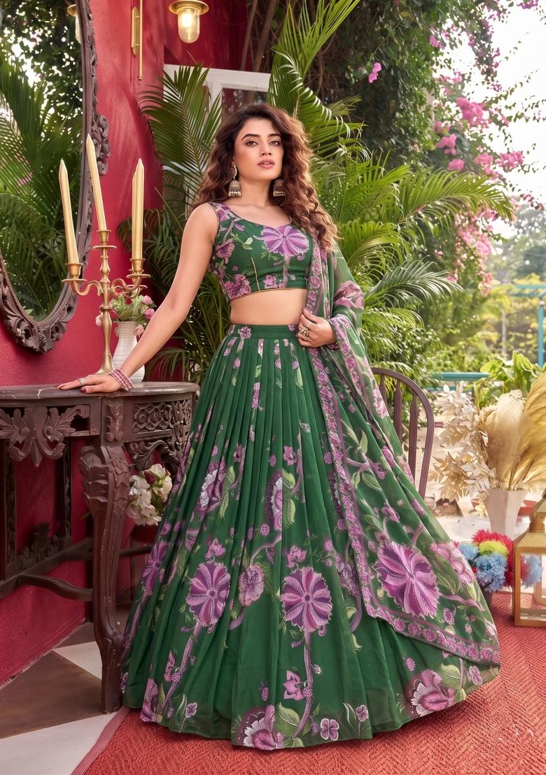 Green Sequin Work Georgette Lehenga Set - Indya