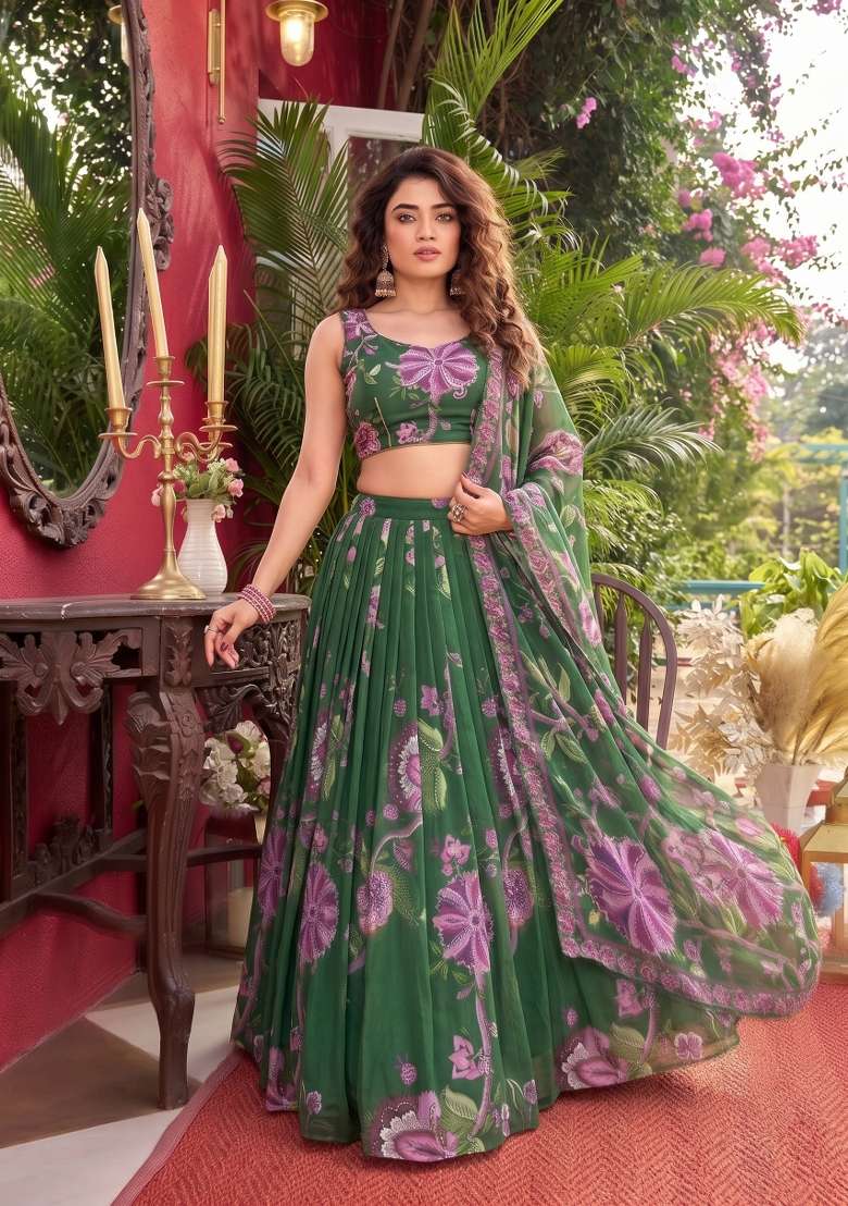 Green Work Georgette Lehenga Set with Sequin for Diwali | Wedding & Festive Wear - Indya