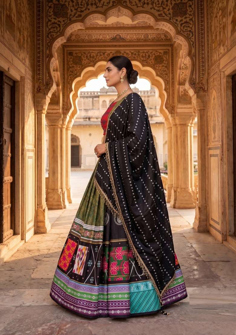 Multicolor Printed Silk Lehenga Set for Diwali and Festive Wear - Indya