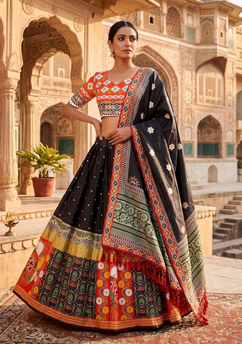 Multicolor Printed Silk Lehenga Set for Diwali and Festive Wear - Indya