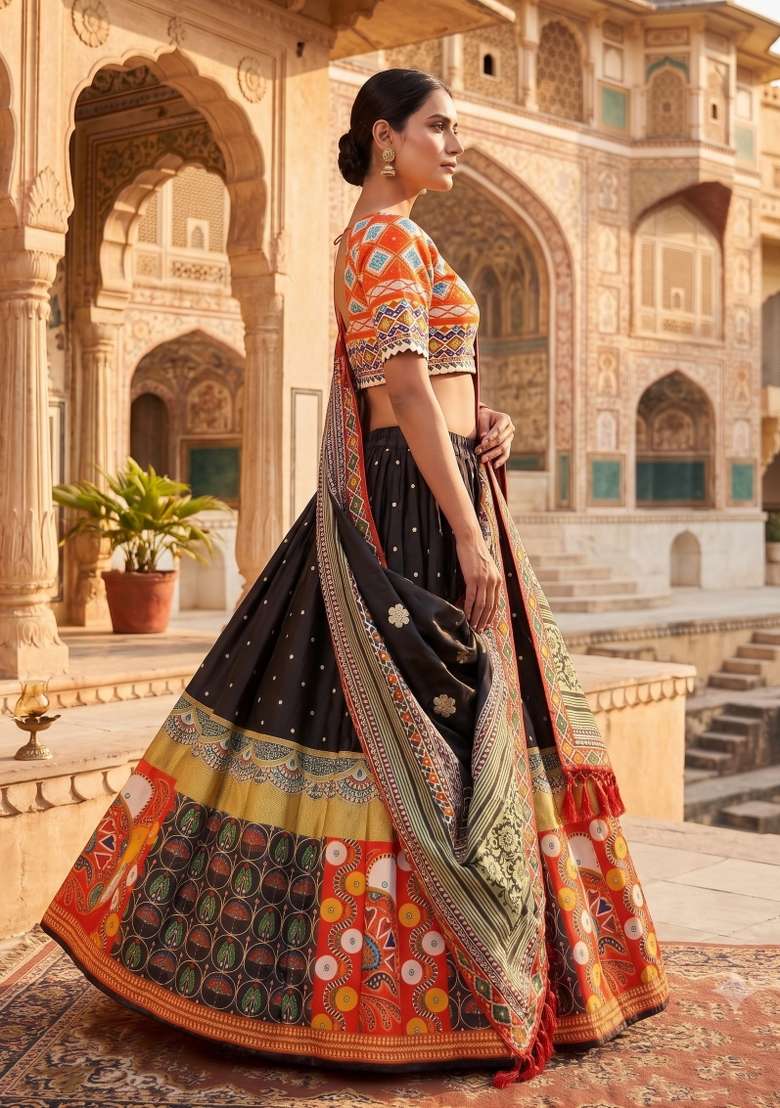 Multicolor Printed Silk Lehenga Set for Diwali and Festive Wear - Indya
