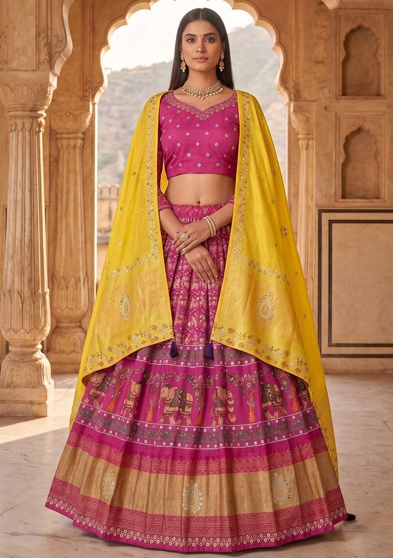 Multicolor Silk Lehenga Set with Printed for Diwali | Wedding & Festive Wear - Indya