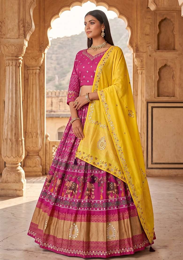 Multicolor Silk Lehenga Set with Printed for Diwali | Wedding & Festive Wear - Indya