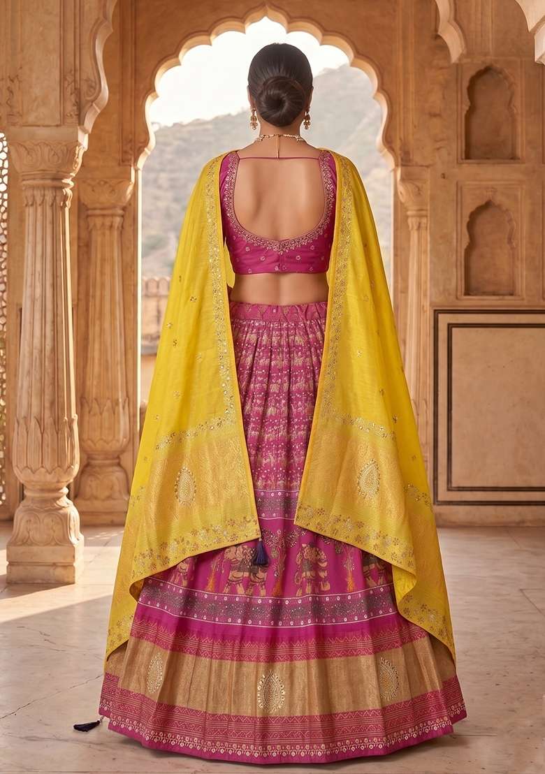 Multicolor Silk Lehenga Set with Printed for Diwali | Wedding & Festive Wear - Indya