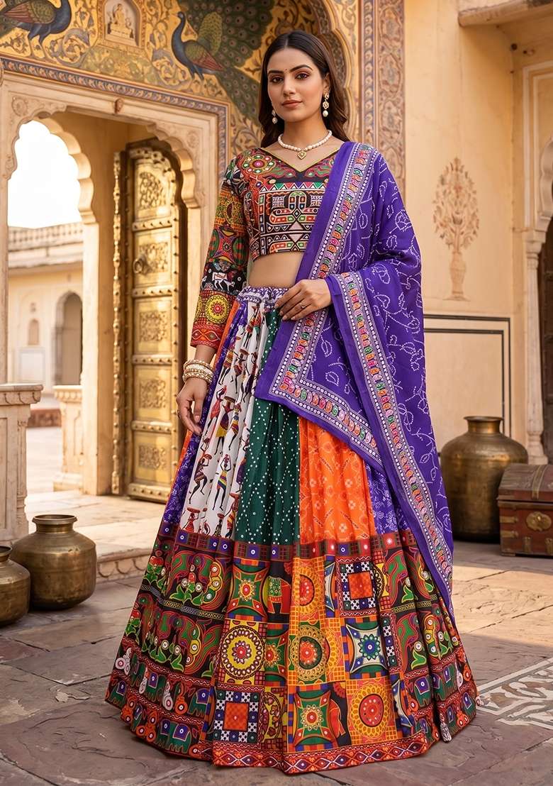 Multicolor Silk Lehenga Set with Printed for Diwali | Wedding & Festive Wear - Indya