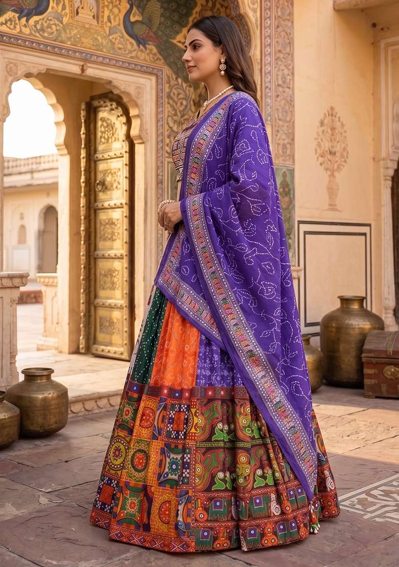 Multicolor Silk Lehenga Set with Printed for Diwali | Wedding & Festive Wear - Indya