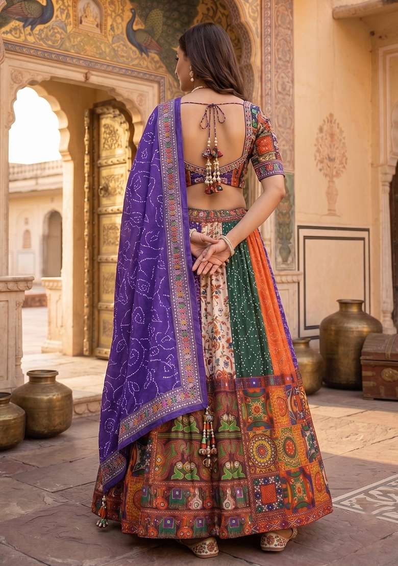 Multicolor Silk Lehenga Set with Printed for Diwali | Wedding & Festive Wear - Indya