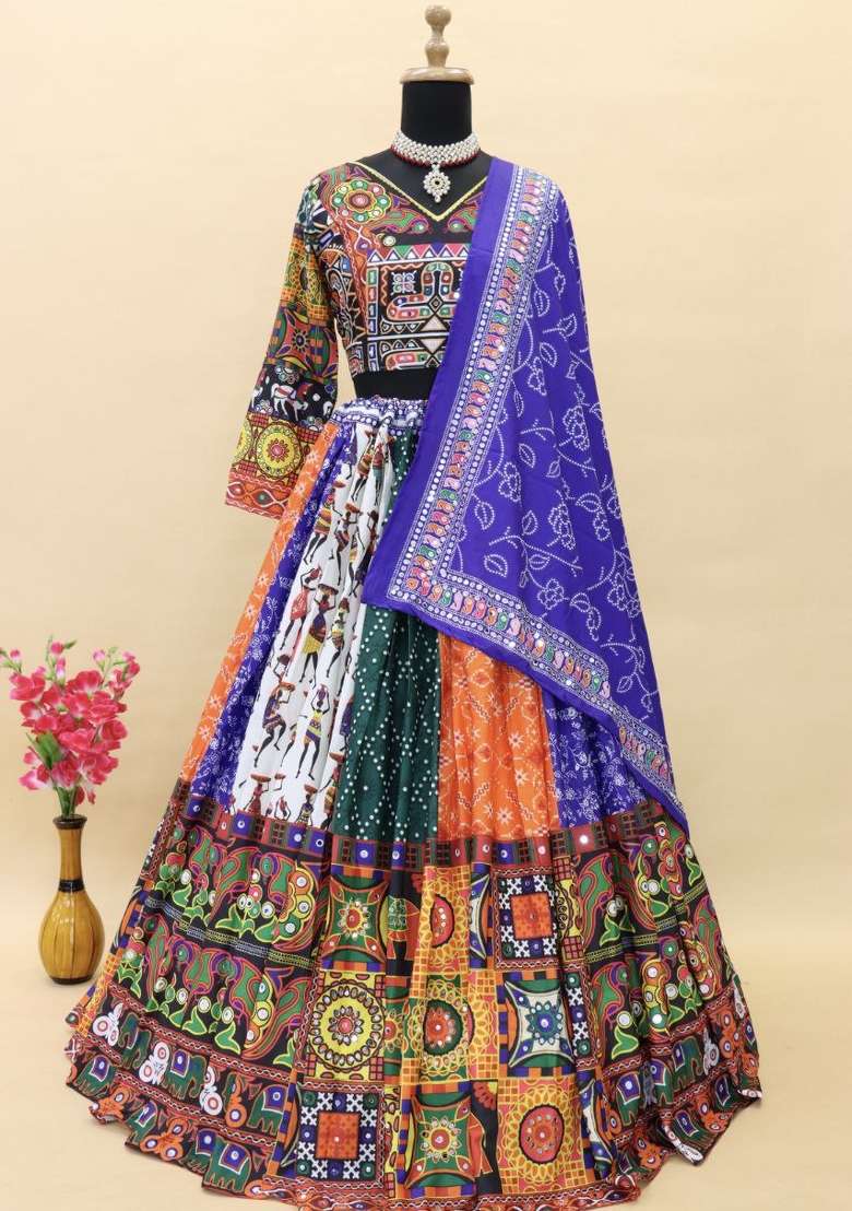 Multicolor Silk Lehenga Set with Printed for Diwali | Wedding & Festive Wear - Indya