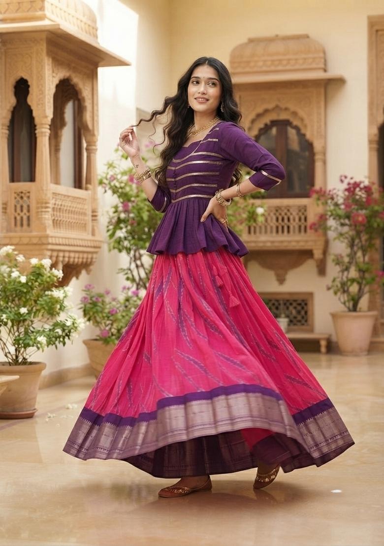 Purple Zari Work Cotton Lehenga Set - Indya
