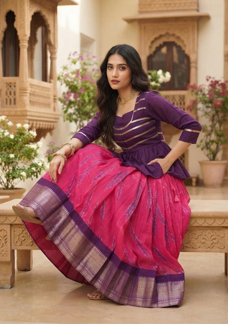 Purple Zari Work Cotton Lehenga Set - Indya