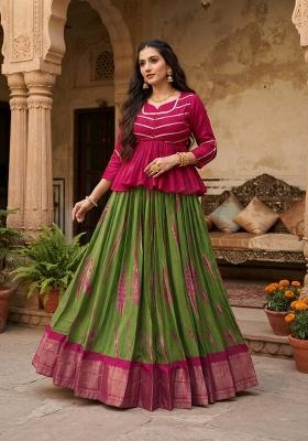Pink Zari Work Cotton Lehenga Set