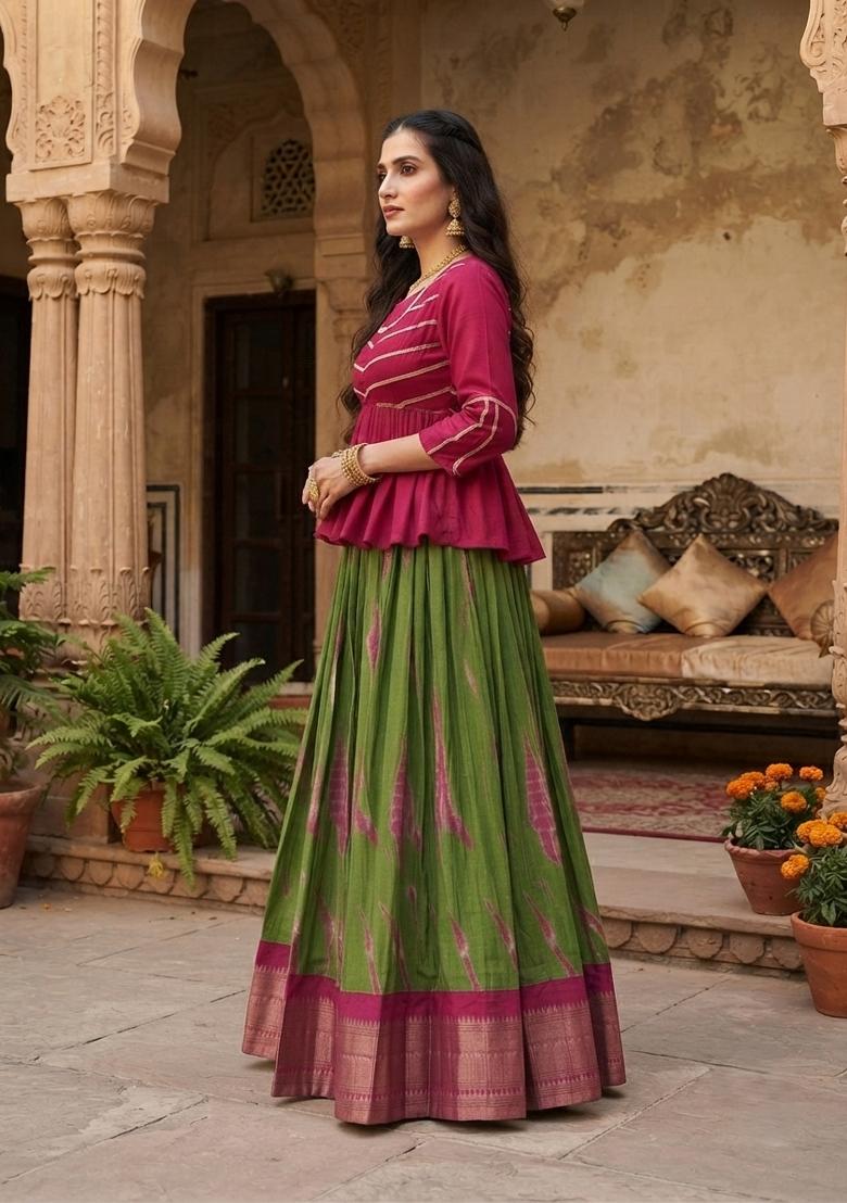 Pink Zari Work Cotton Lehenga Set - Indya