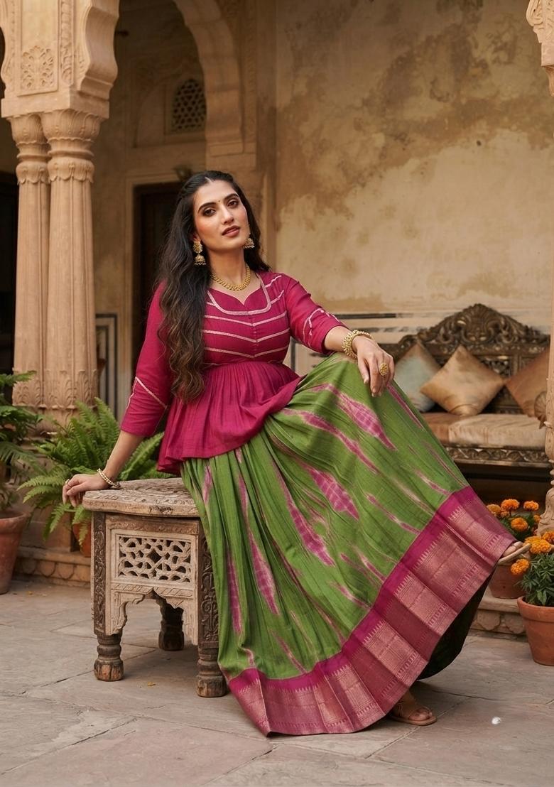 Pink Zari Work Cotton Lehenga Set - Indya