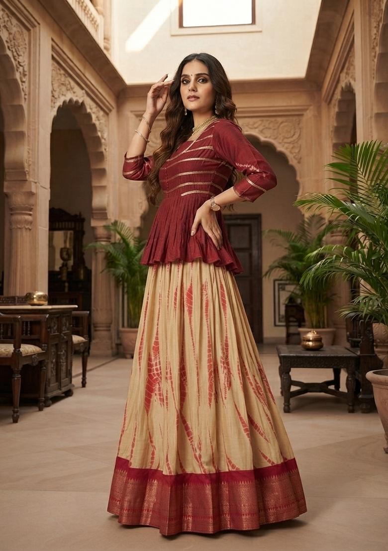 Red Zari Work Cotton Lehenga Set - Indya