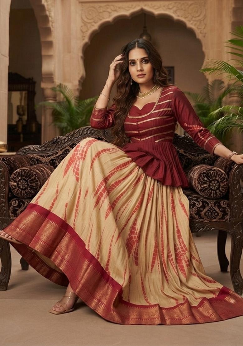 Red Zari Work Cotton Lehenga Set - Indya