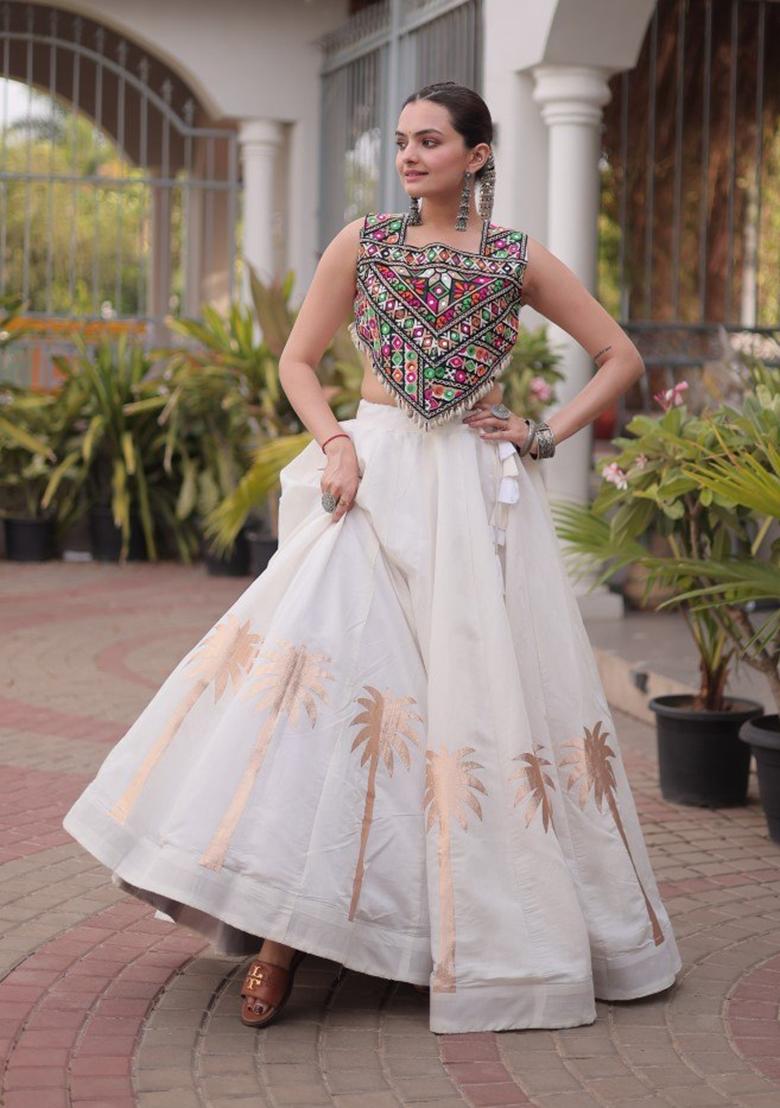 White Embroidered Roman Lehenga Set - Indya