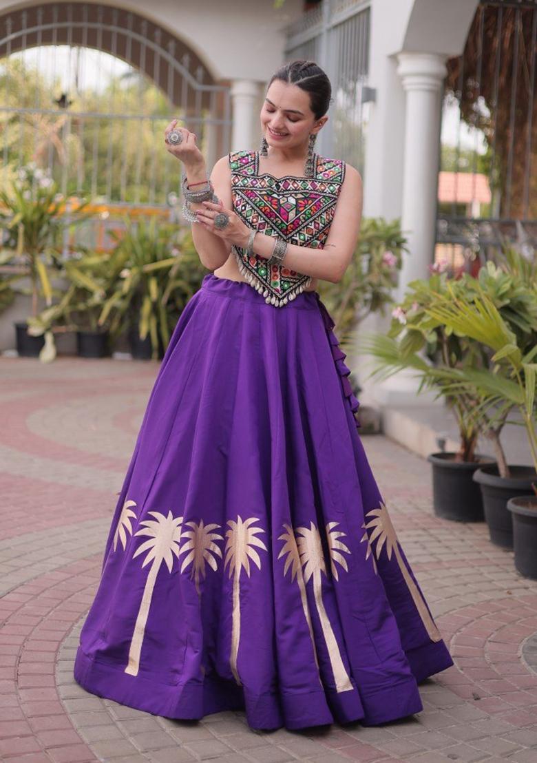 Purple Embroidered Roman Lehenga Set - Indya
