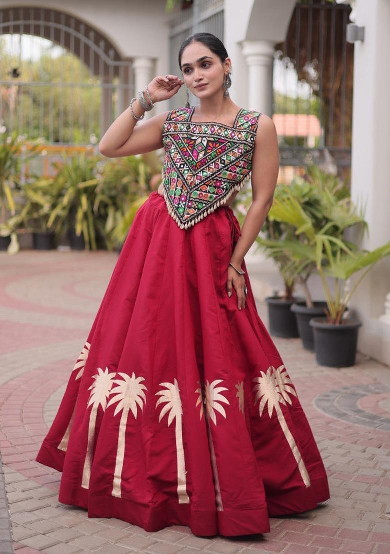 Maroon Embroidered Roman Lehenga Set - Indya