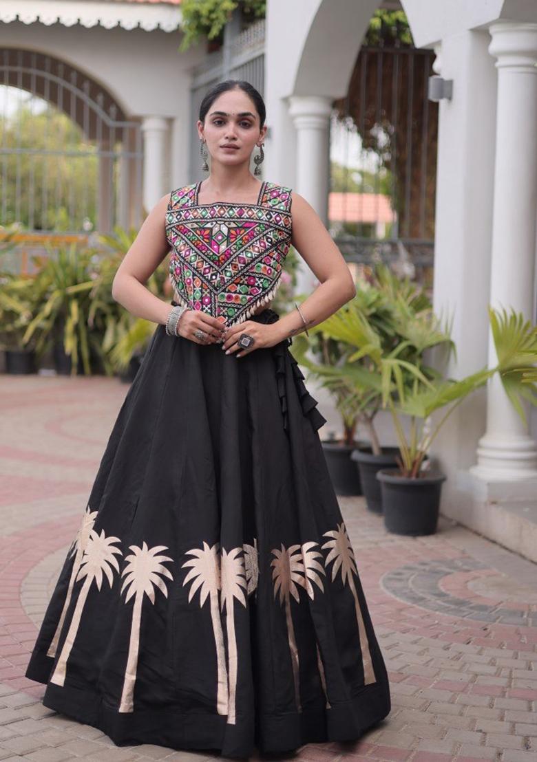 Black Embroidered Roman Lehenga Set - Indya