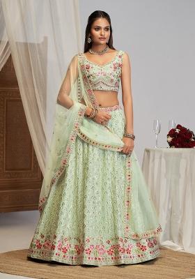 Pastel Green Embroidered Georgette Lehenga Set