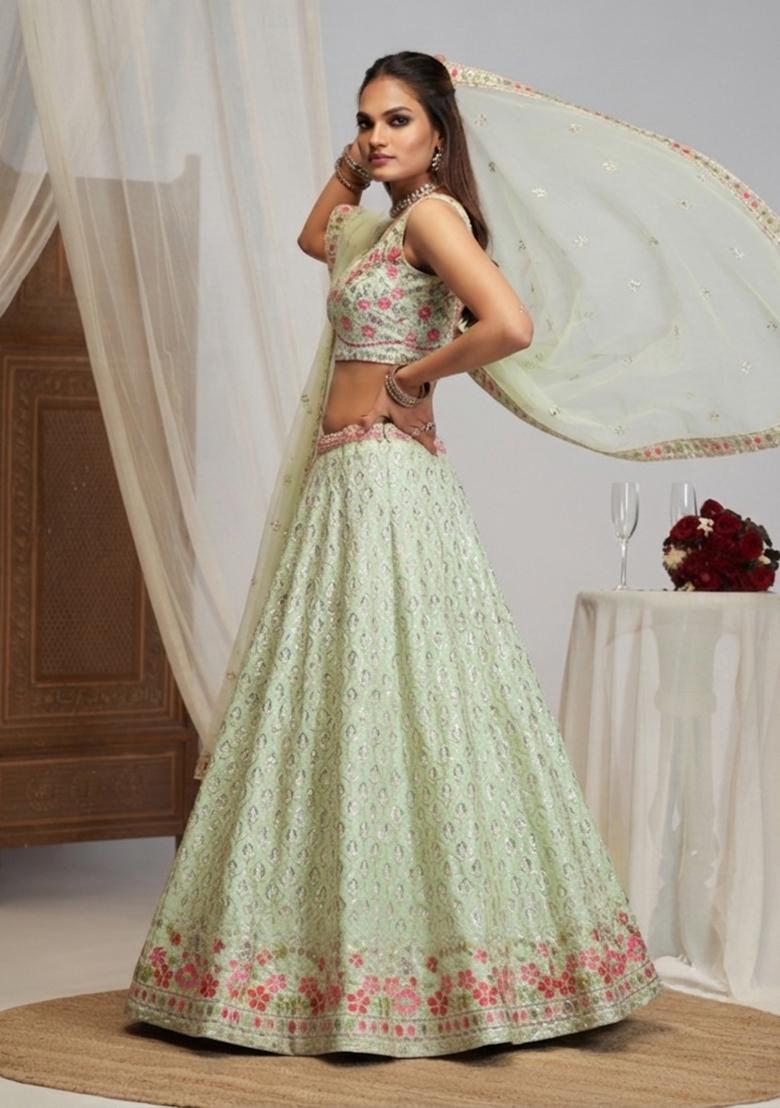 Pastel Green Embroidered Georgette Lehenga Set - Indya