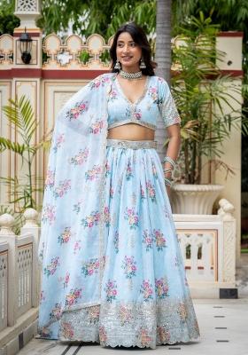 Sky Blue Embroidered Georgette Lehenga Set
