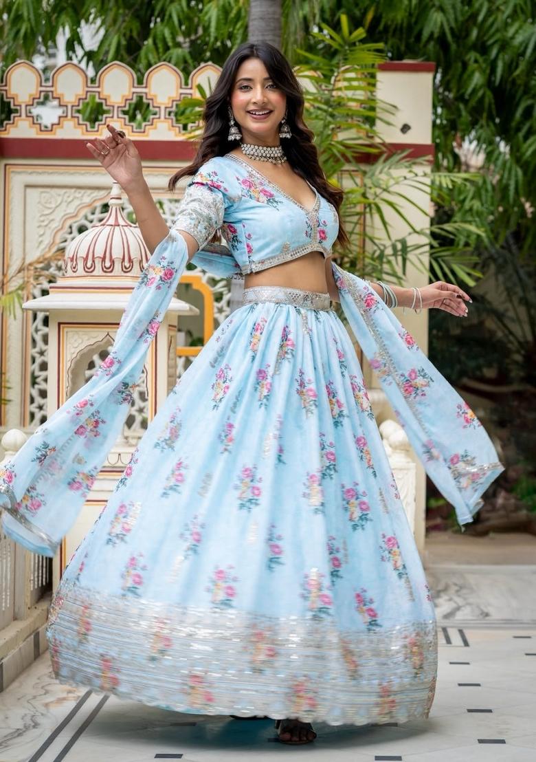 Sky Blue Embroidered Georgette Lehenga Set - Indya