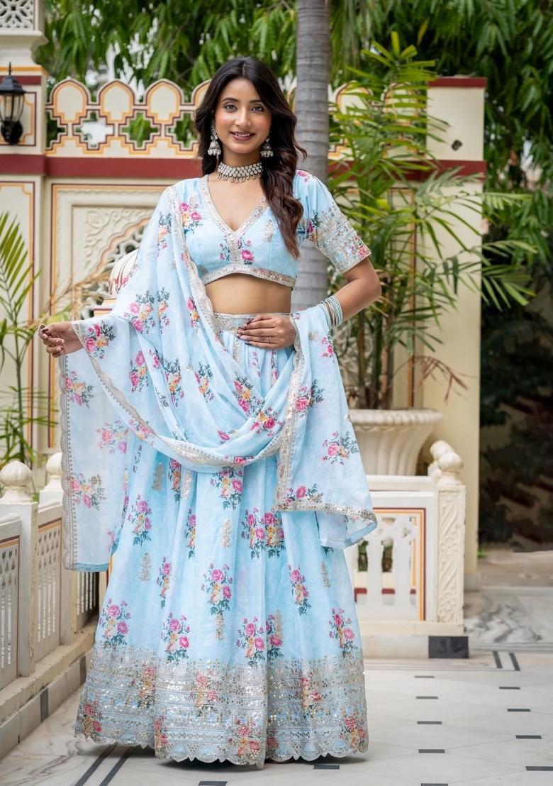 Sky Blue Embroidered Georgette Lehenga Set - Indya