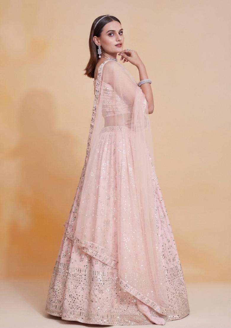 Pink Embroidered Georgette Lehenga Set - Indya